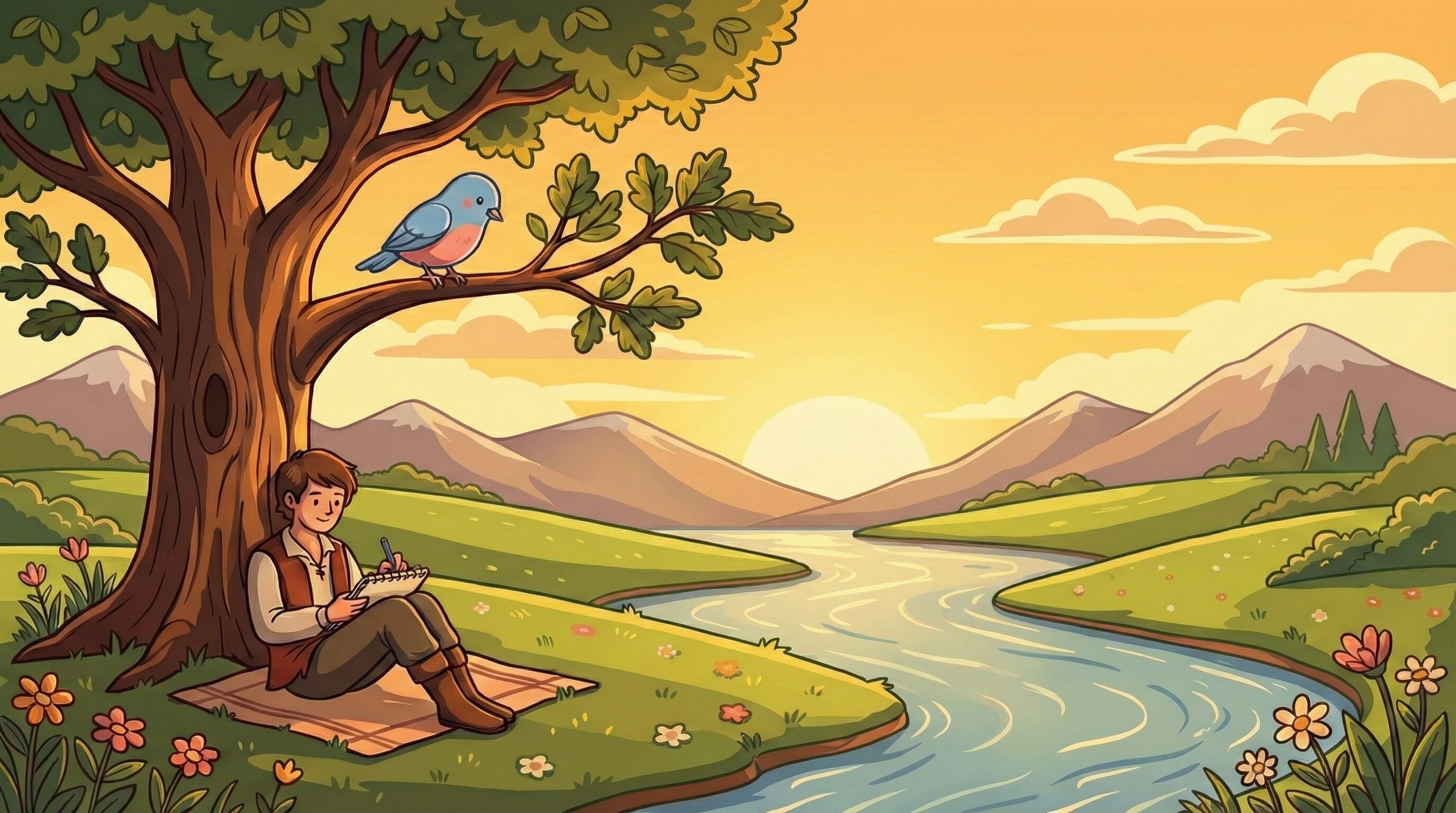 A person writing under a tree with a bird perched on a branch